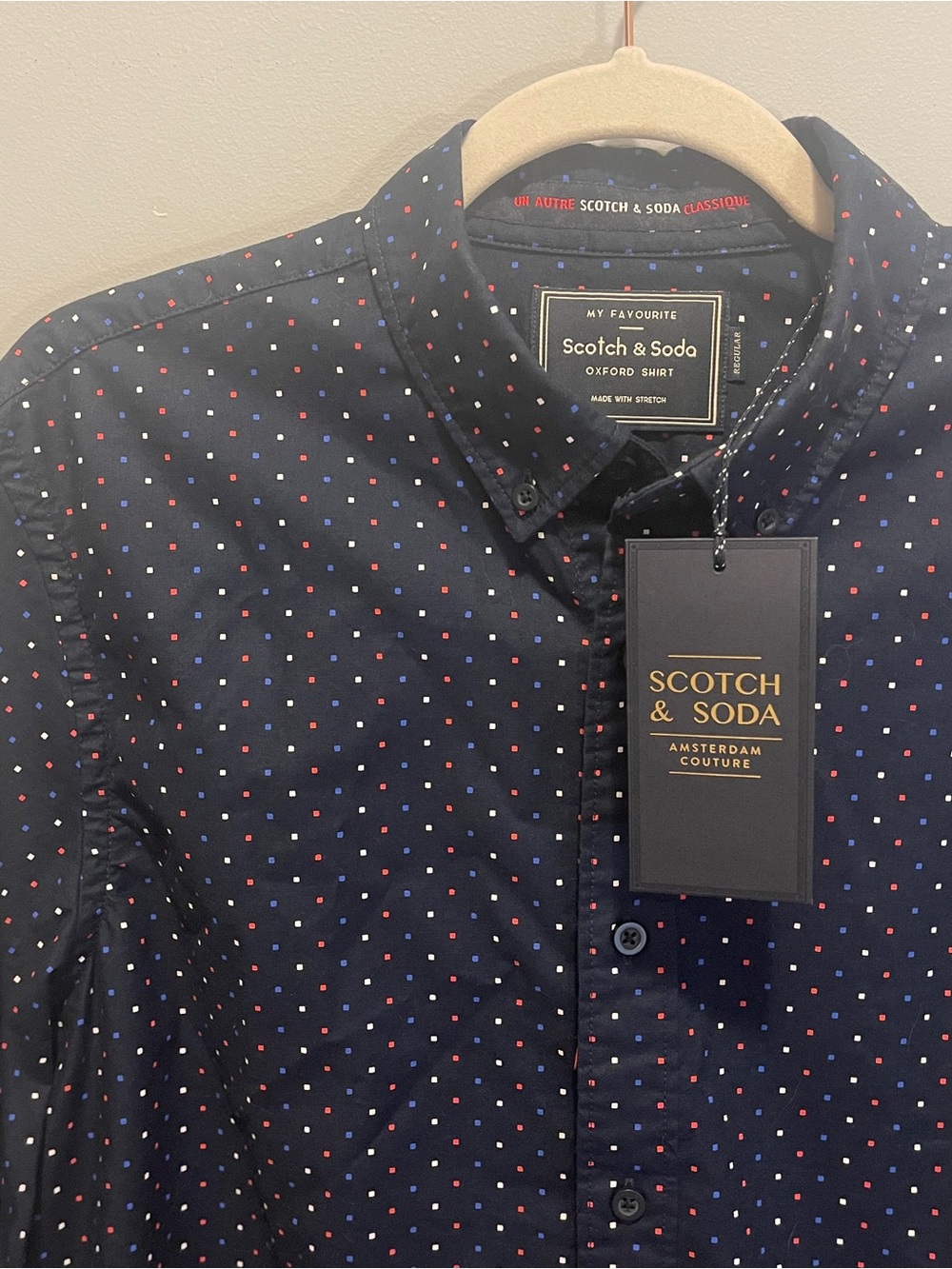 NWT Scotch & Soda Cotton Oxford Shirt Navy Blue with Micro Dots